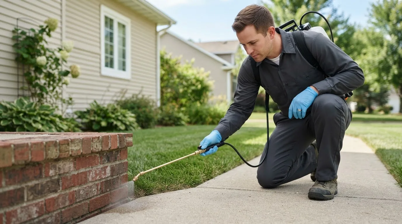Pest control technician treating a home near Bahama, NC